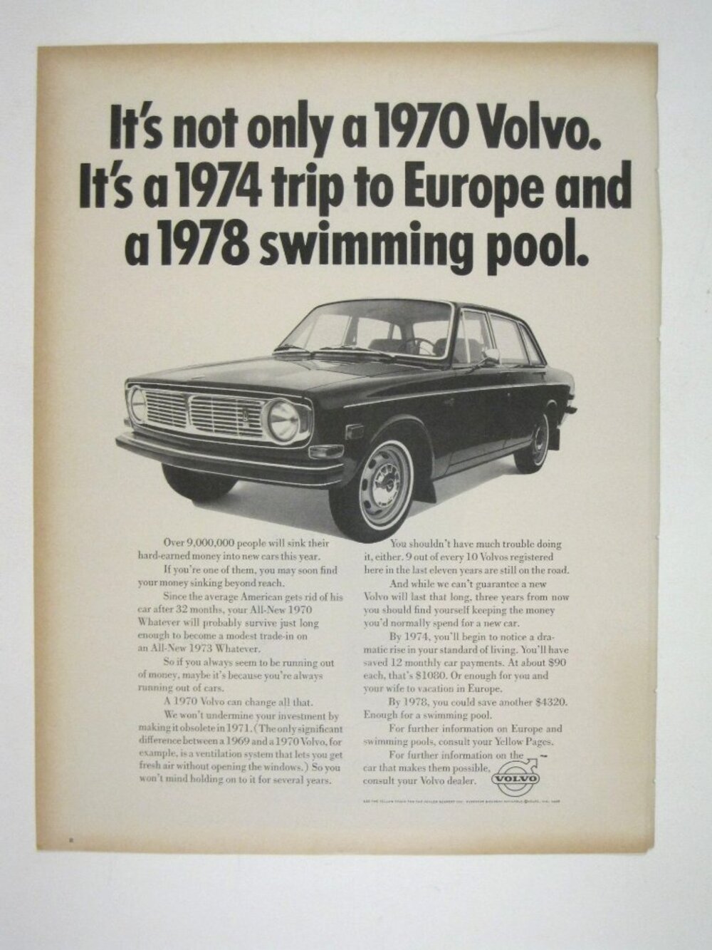 Vintage 1970 Volvo Print Ad 1974 Trip Europe 1978 Swimming Pool Classic Ad